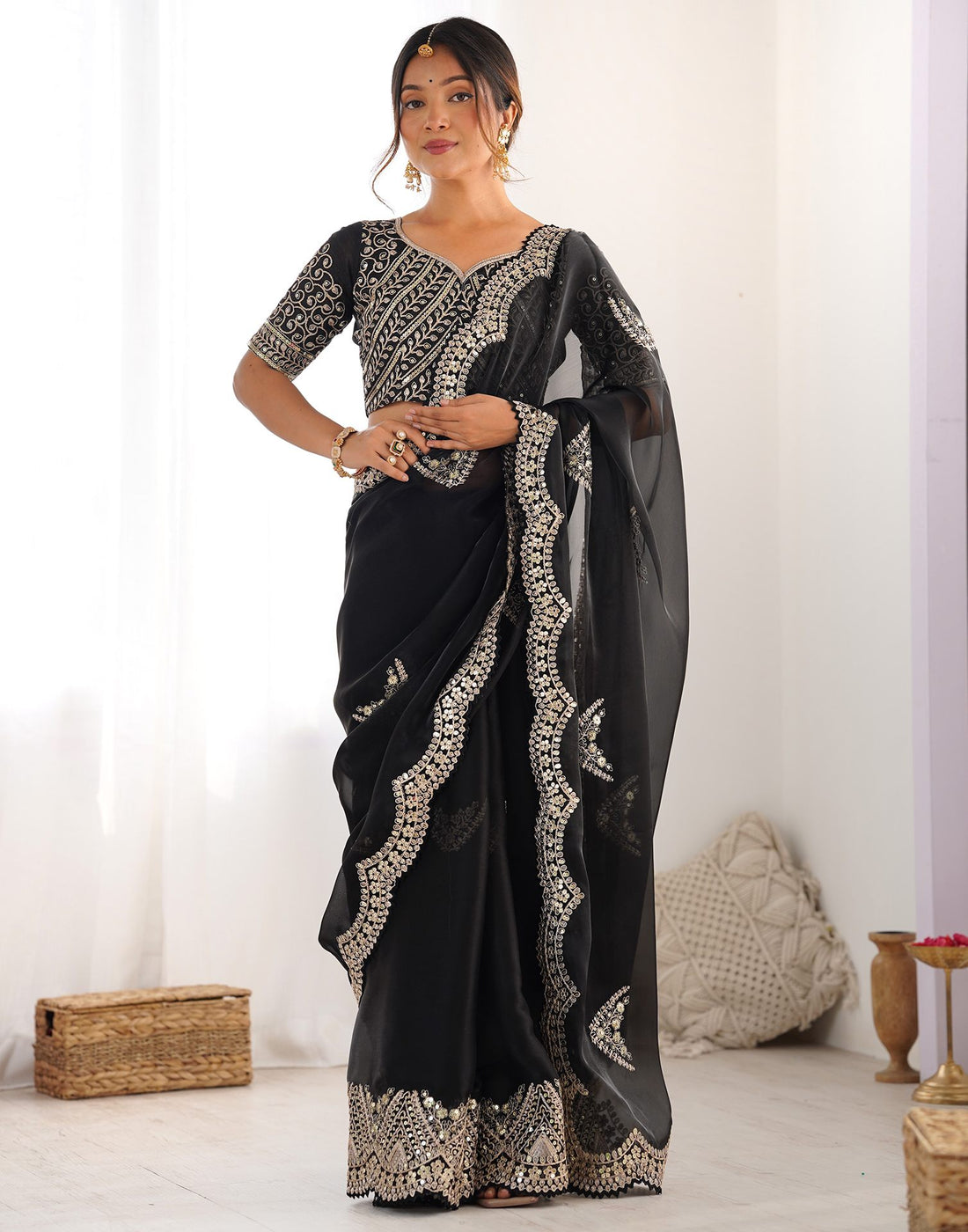 Black Organza Dyed Embellished Saree