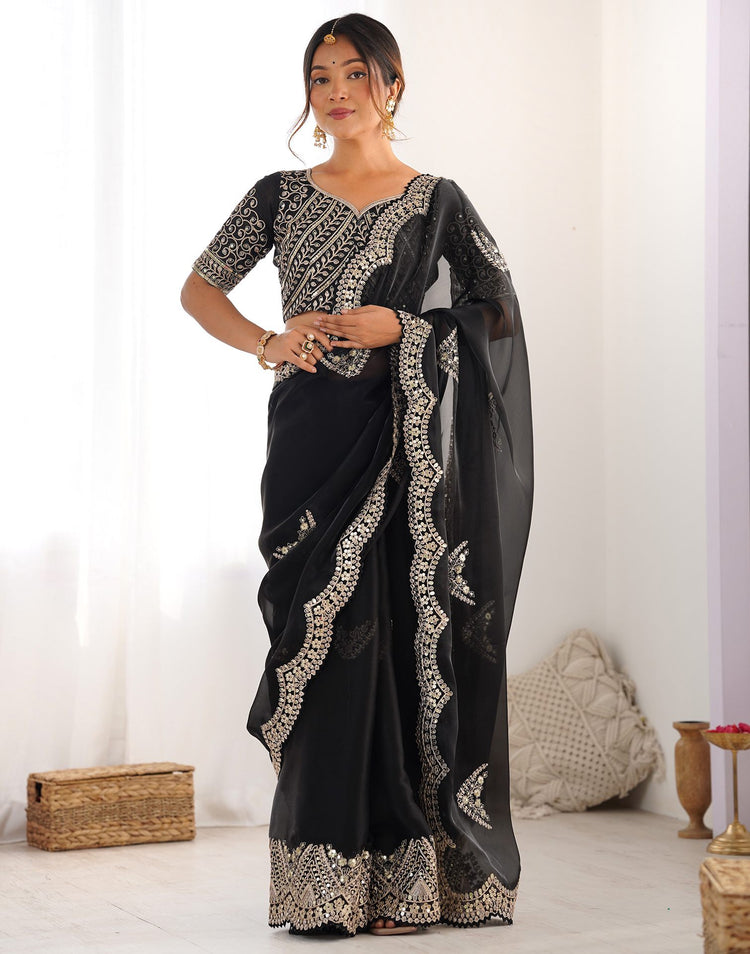 Black Organza Dyed Embellished Saree