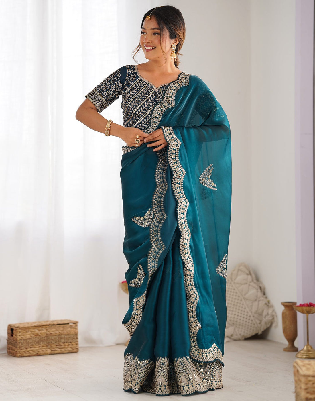 Rama Green Organza Dyed Embellished Saree