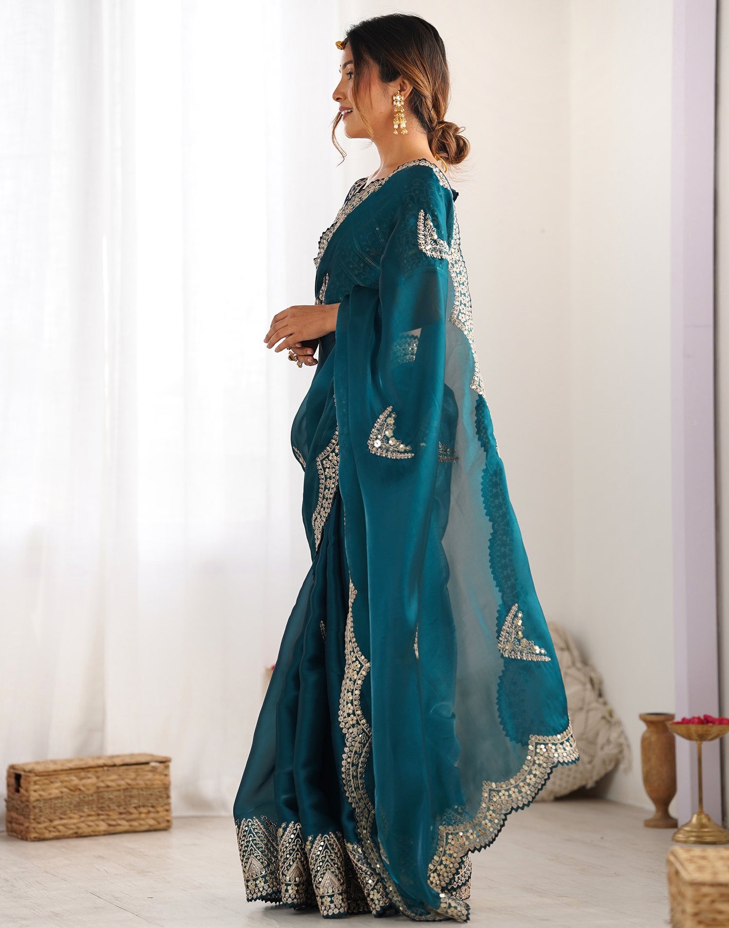 Rama Green Organza Dyed Embellished Saree