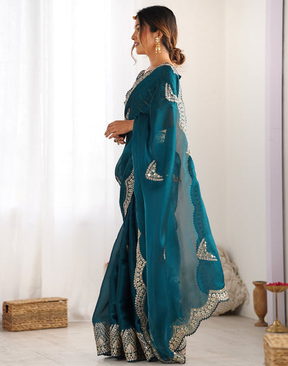 Rama Green Organza Dyed Embellished Saree
