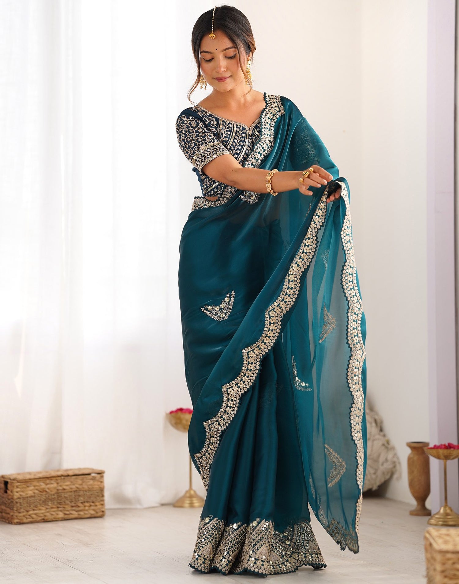 Rama Green Organza Dyed Embellished Saree