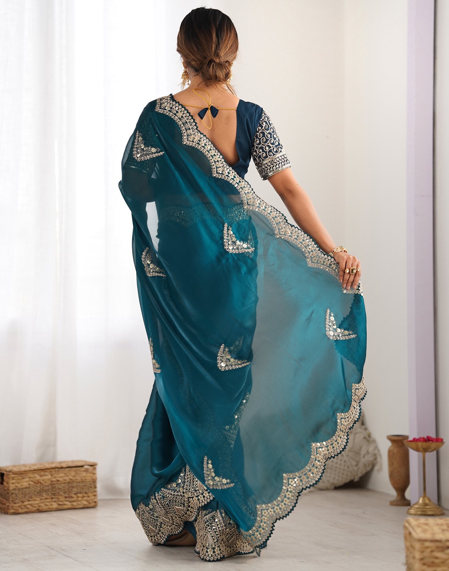 Rama Green Organza Dyed Embellished Saree