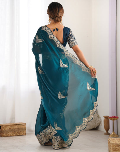 Rama Green Organza Dyed Embellished Saree