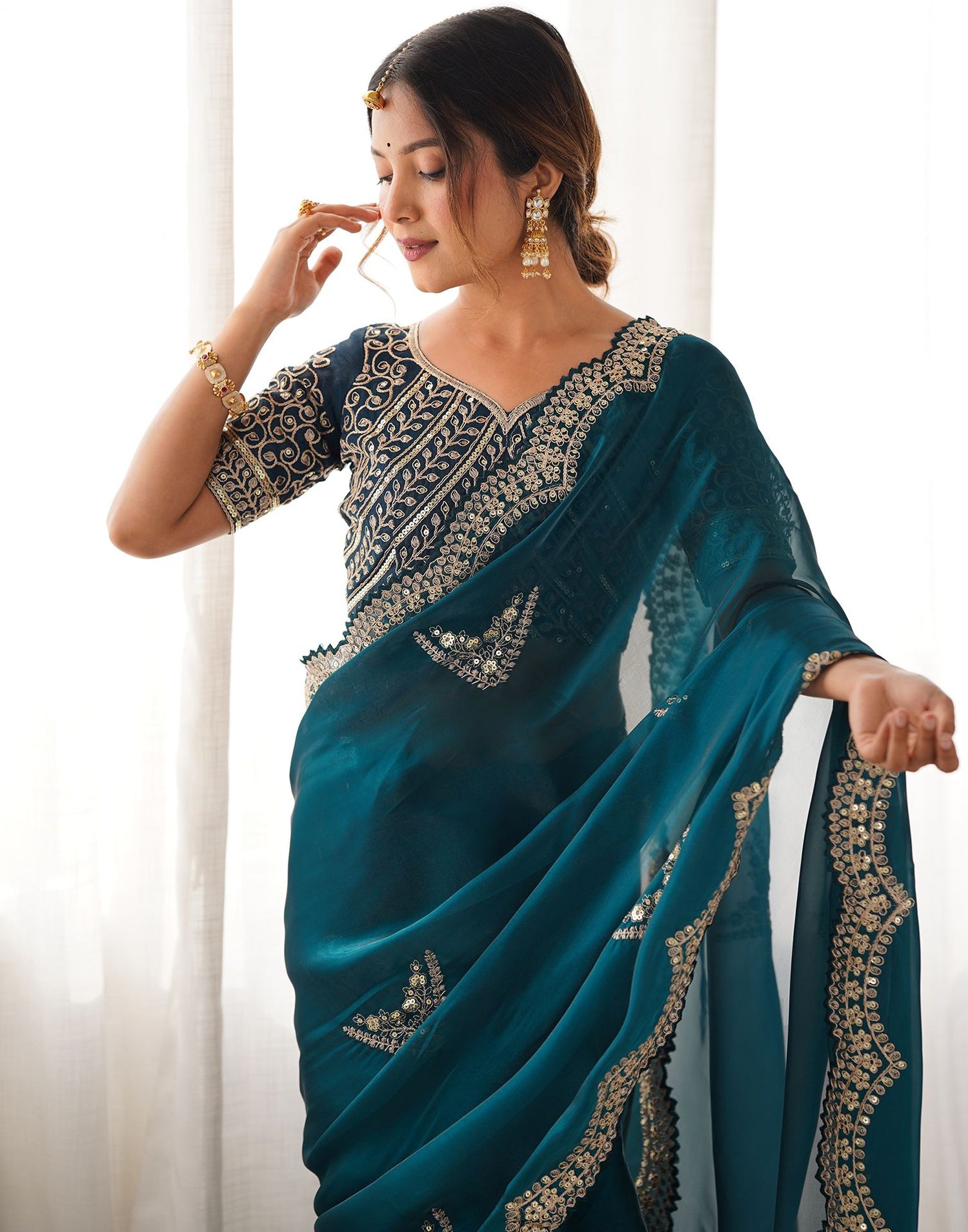 Rama Green Organza Dyed Embellished Saree