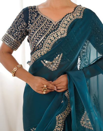 Rama Green Organza Dyed Embellished Saree
