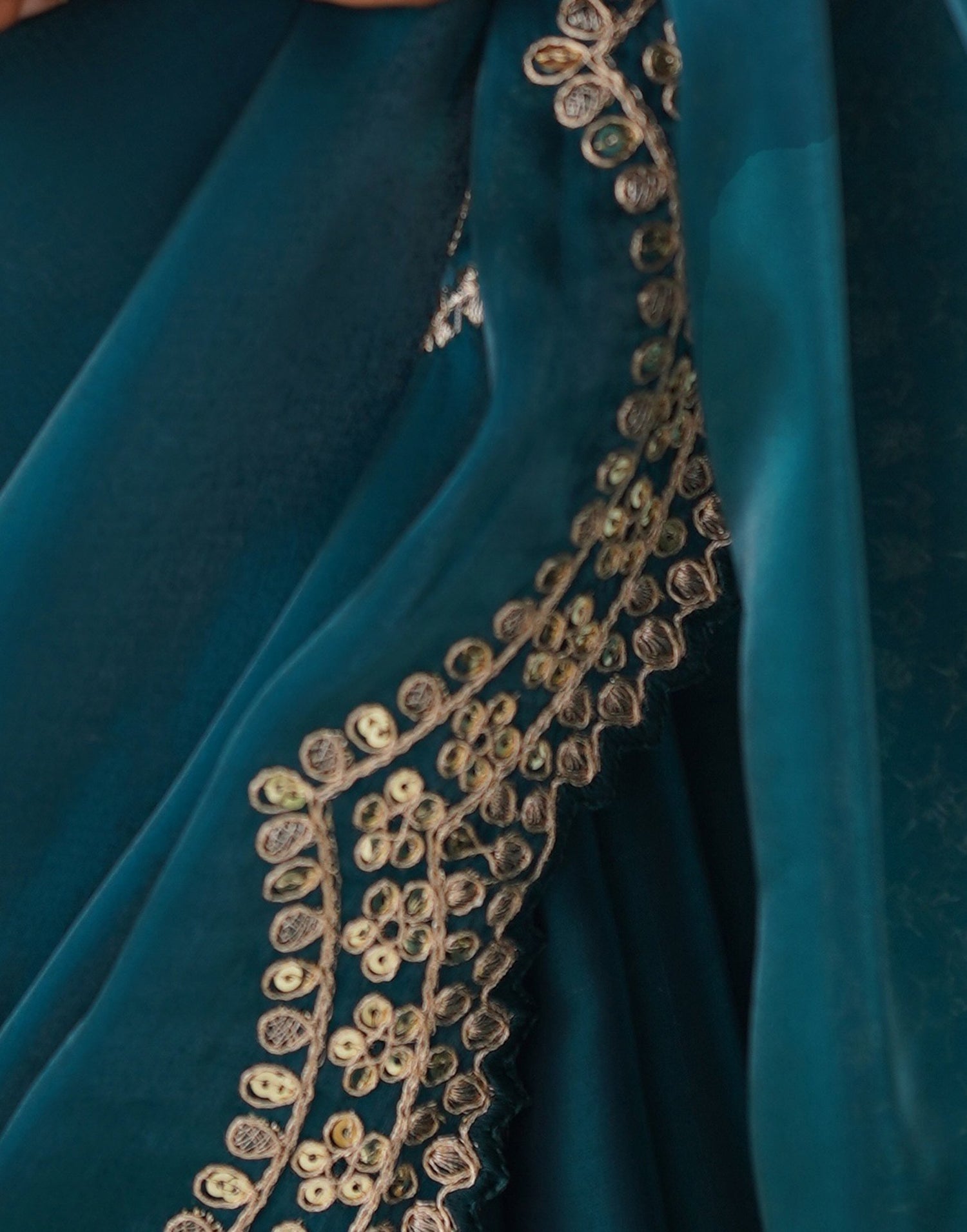 Rama Green Organza Dyed Embellished Saree