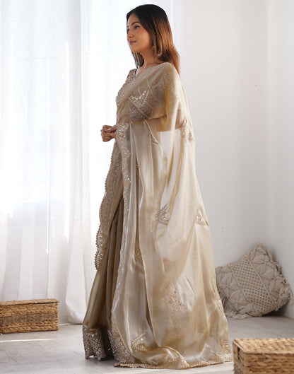 Beige Organza Dyed Embellished Saree