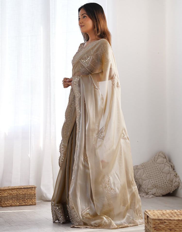 Beige Organza Dyed Embellished Saree