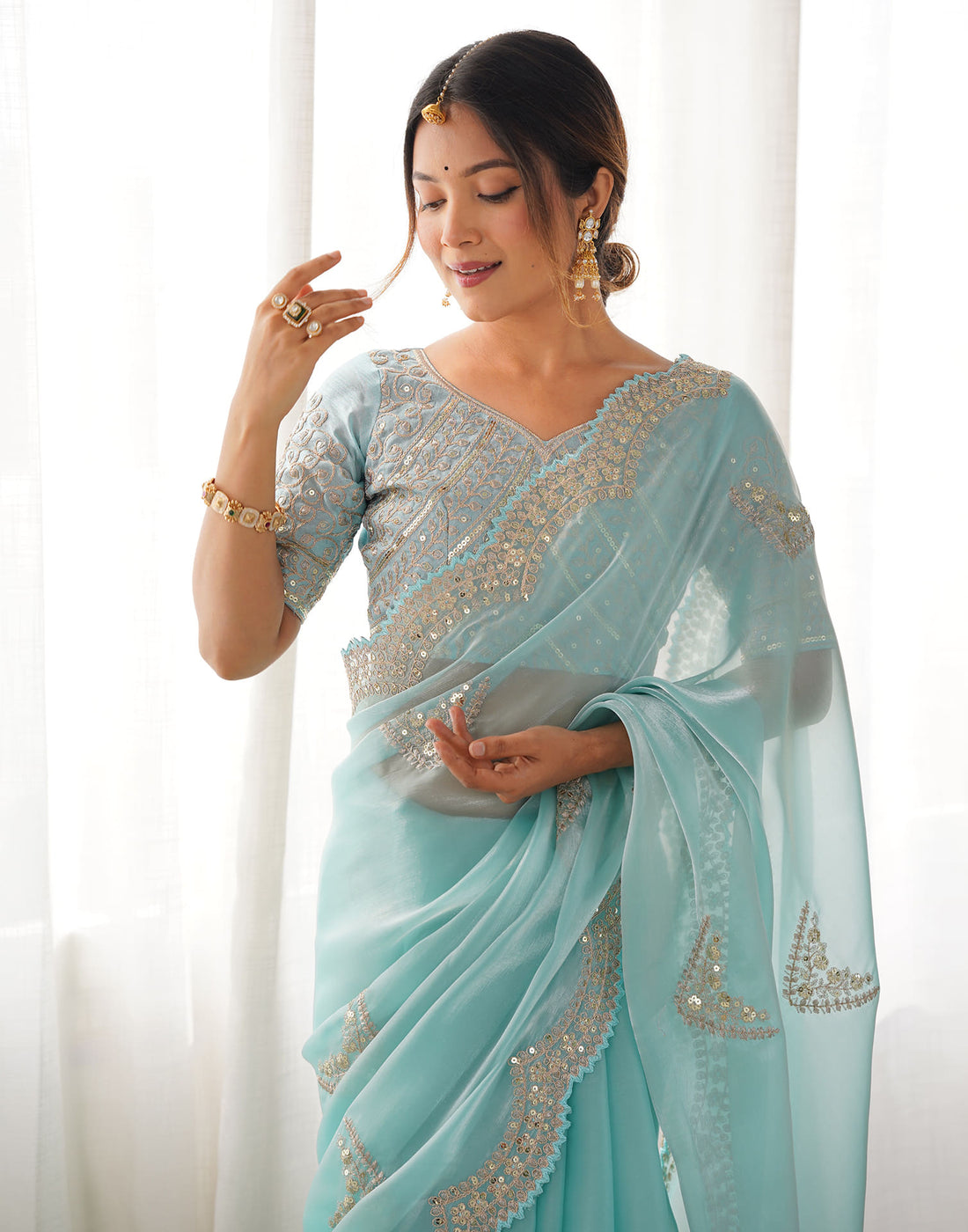 Sky Blue Organza Dyed Embellished Saree