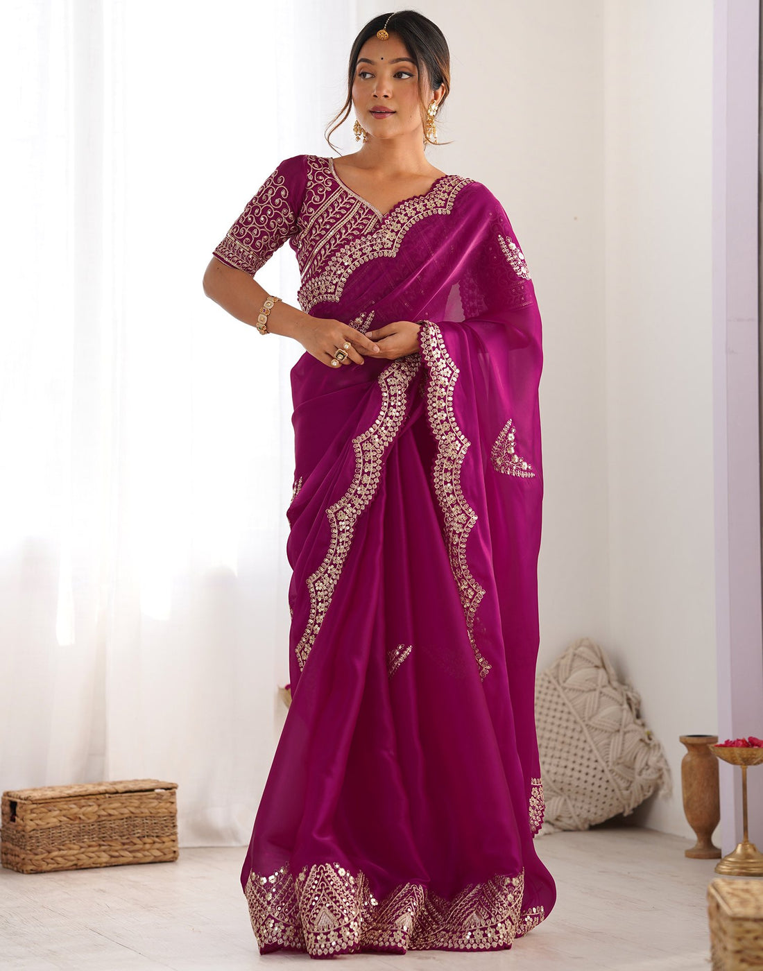 Rani Pink Organza Dyed Embellished Saree