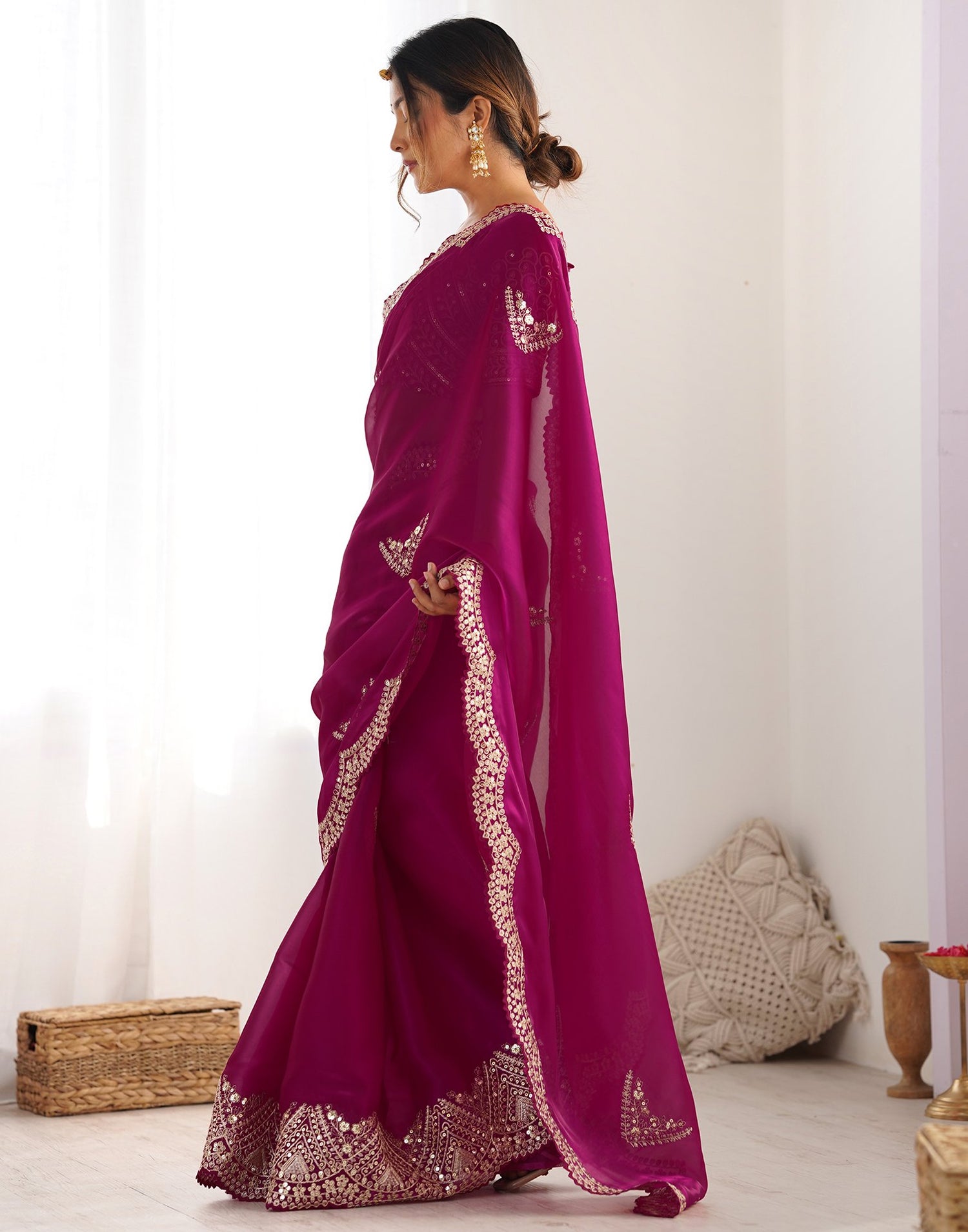 Rani Pink Organza Dyed Embellished Saree