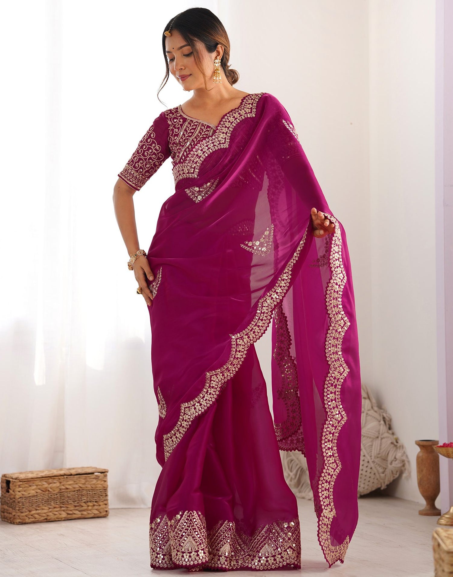 Rani Pink Organza Dyed Embellished Saree