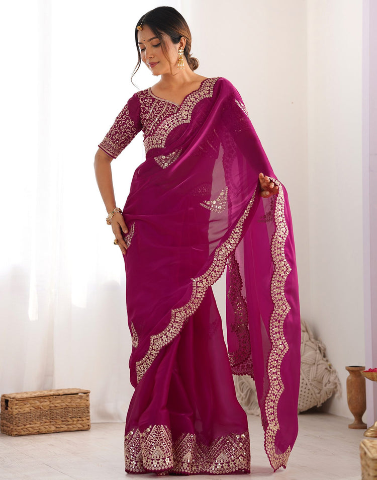 Rani Pink Organza Dyed Embellished Saree