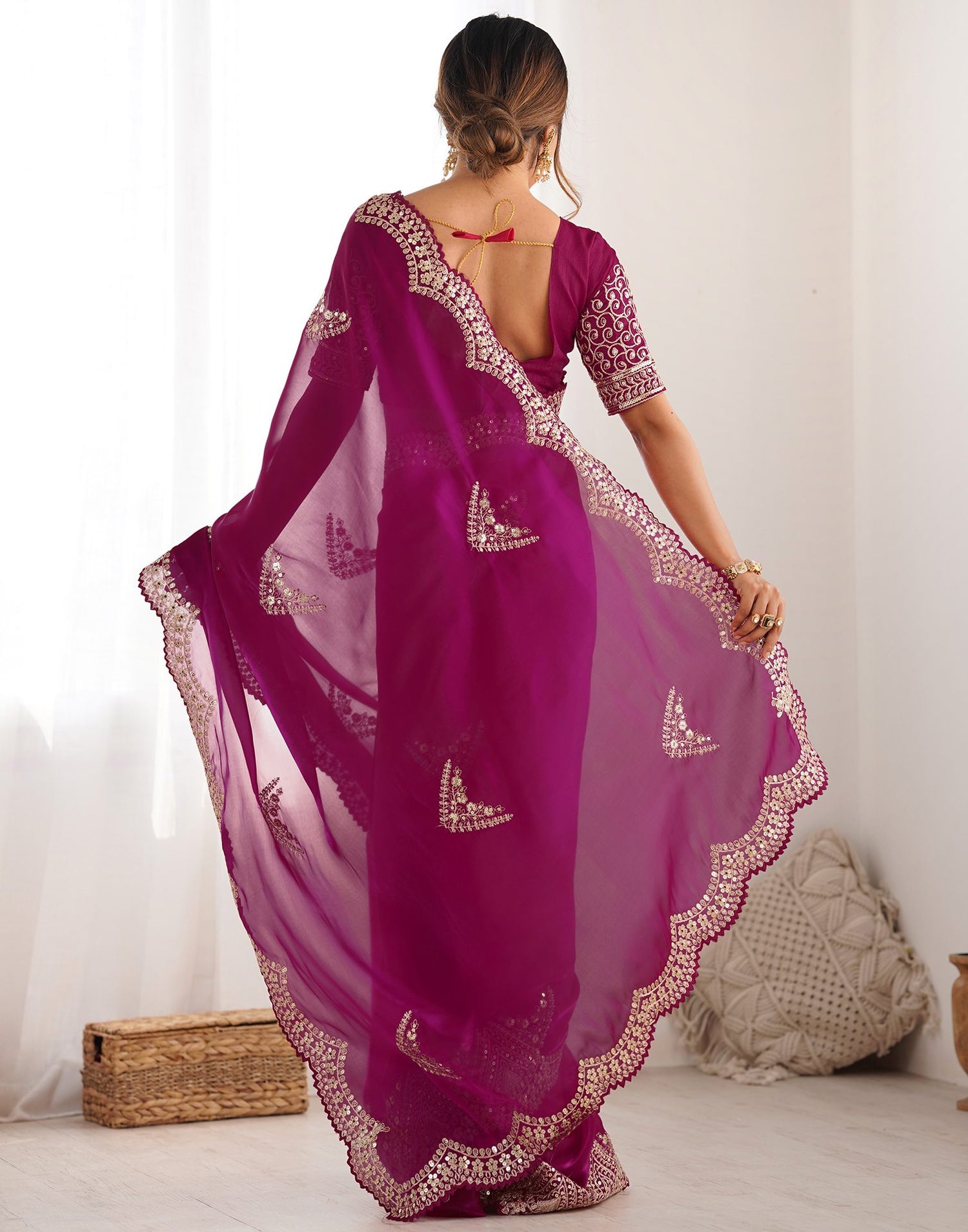 Rani Pink Organza Dyed Embellished Saree