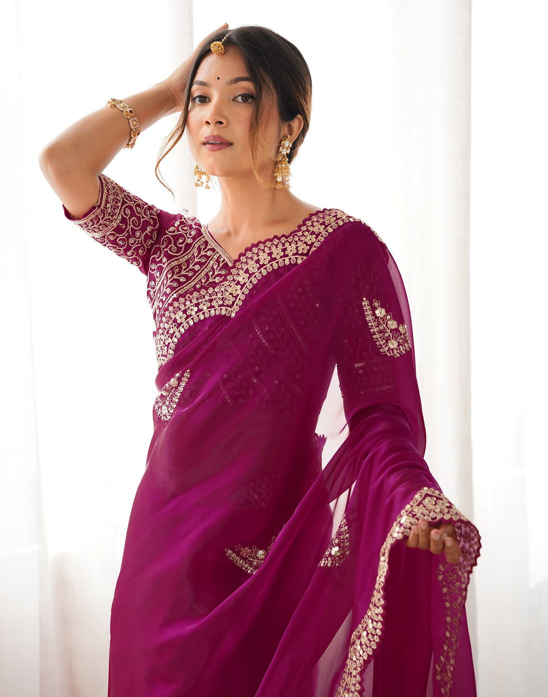 Rani Pink Organza Dyed Embellished Saree