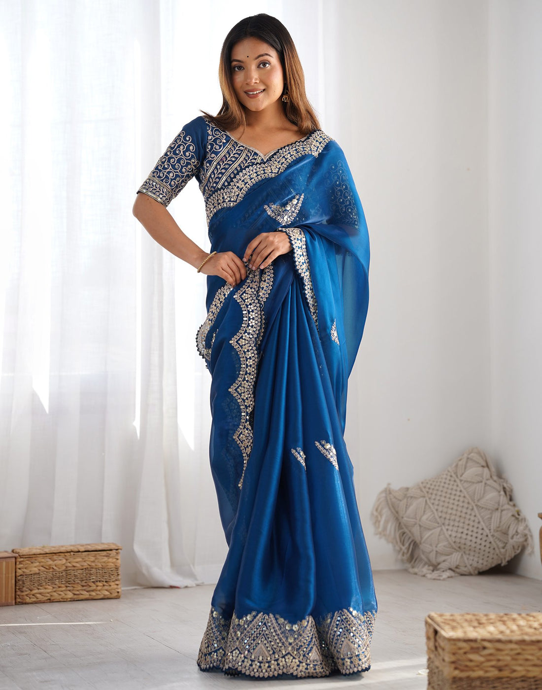 Rama Blue Organza Dyed Embellished Saree