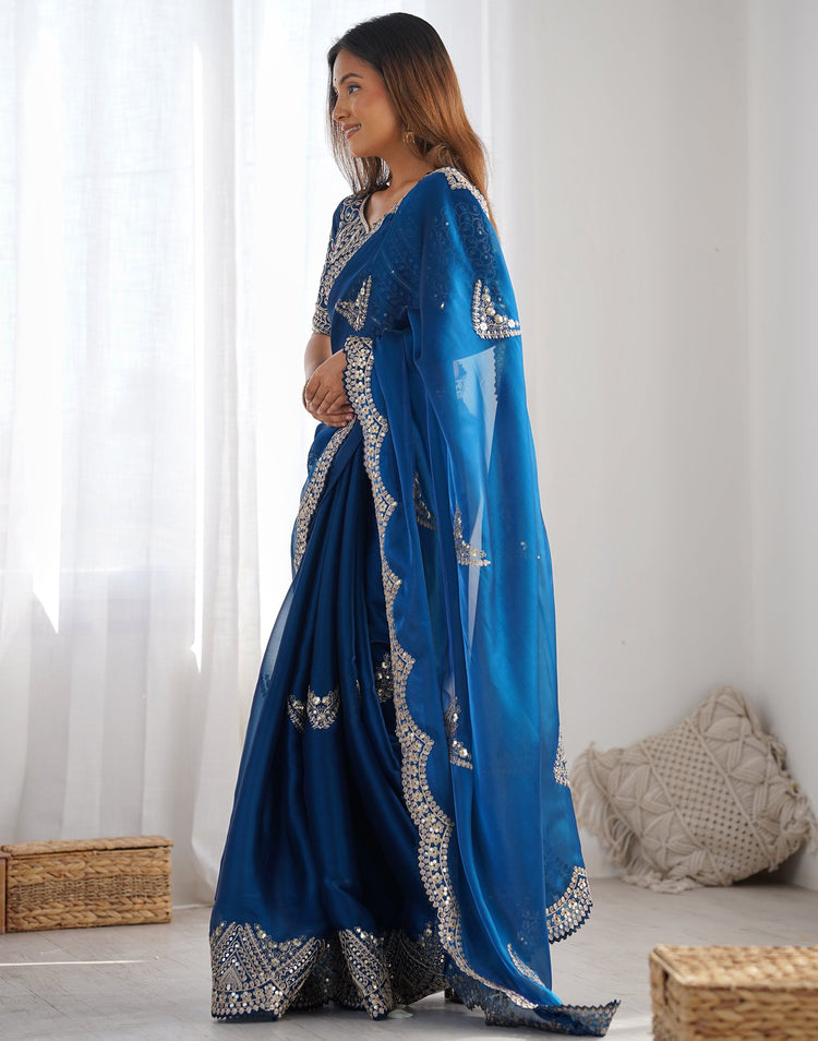 Rama Blue Organza Dyed Embellished Saree
