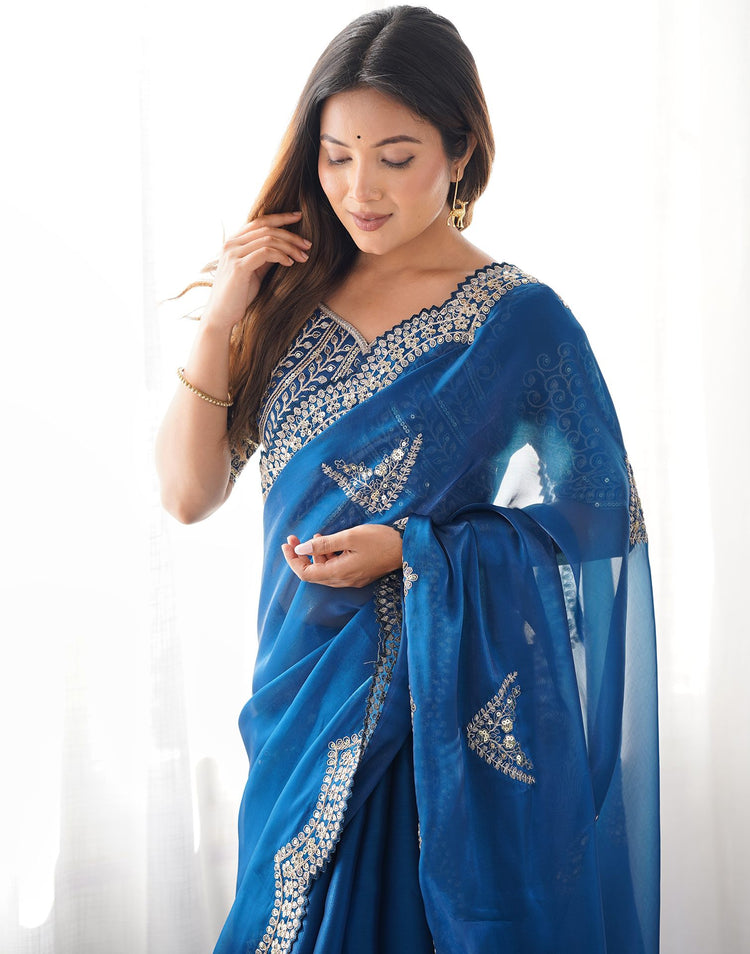 Rama Blue Organza Dyed Embellished Saree