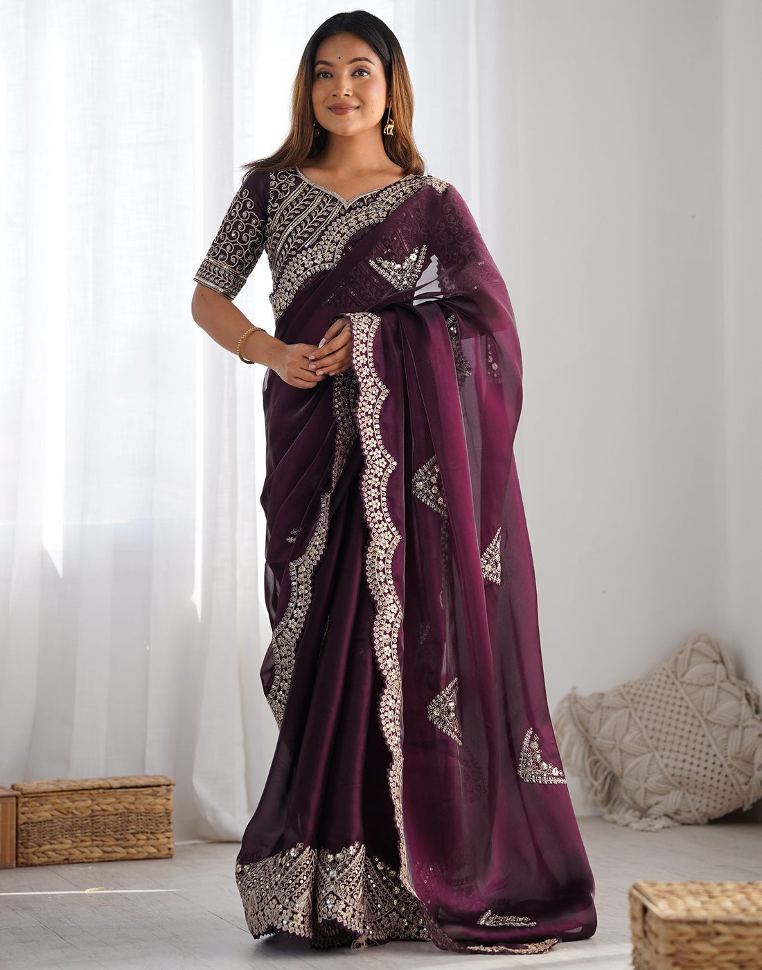 Wine Organza Dyed Embellished Saree