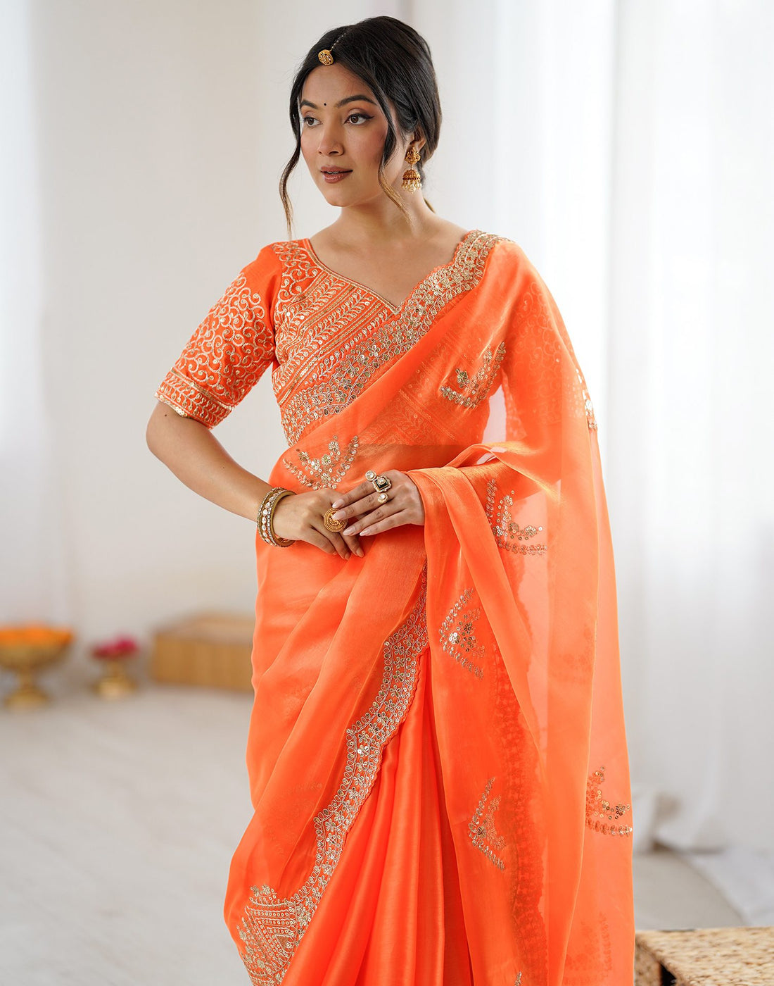 Orange Tissue Silk Sequence Embroidery Saree