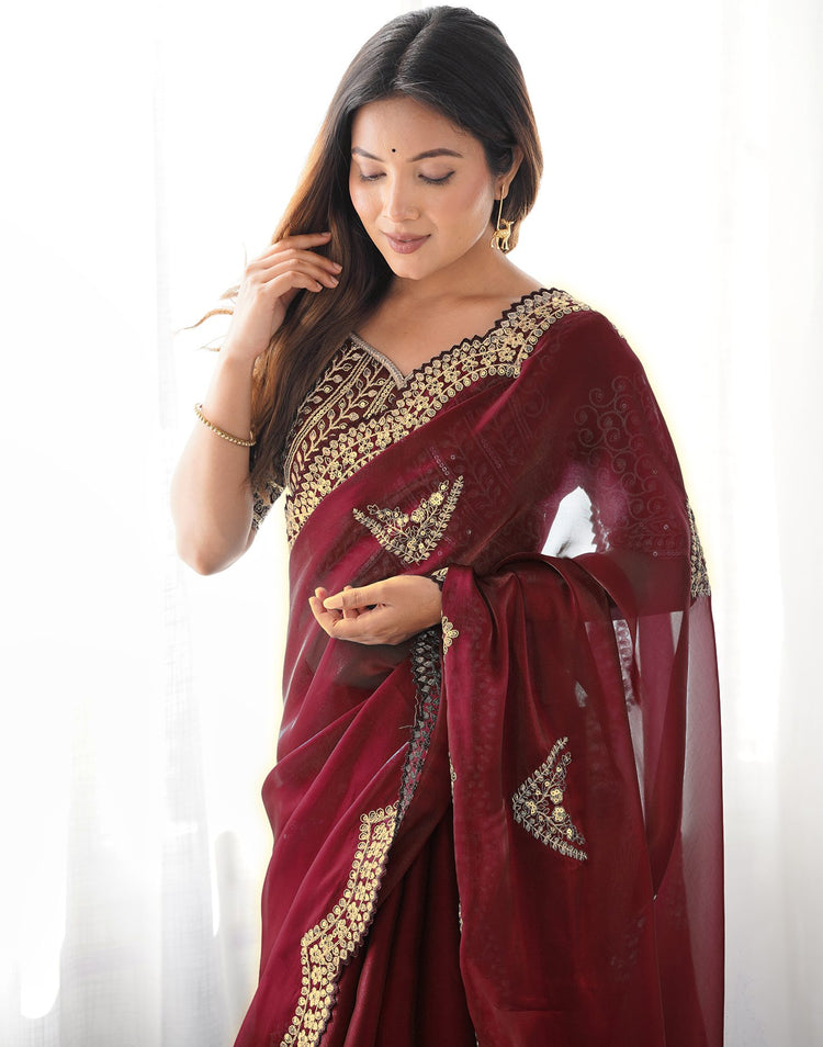 Brown Tissue Silk Sequence Embroidery Saree