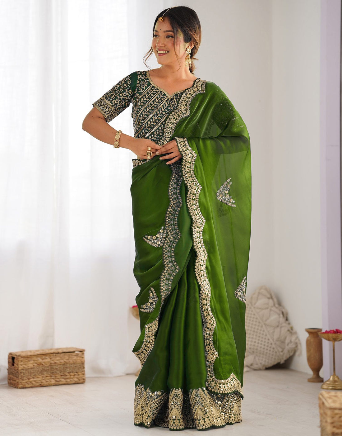 Mehandi Green Tissue Silk Sequence Embroidery Saree