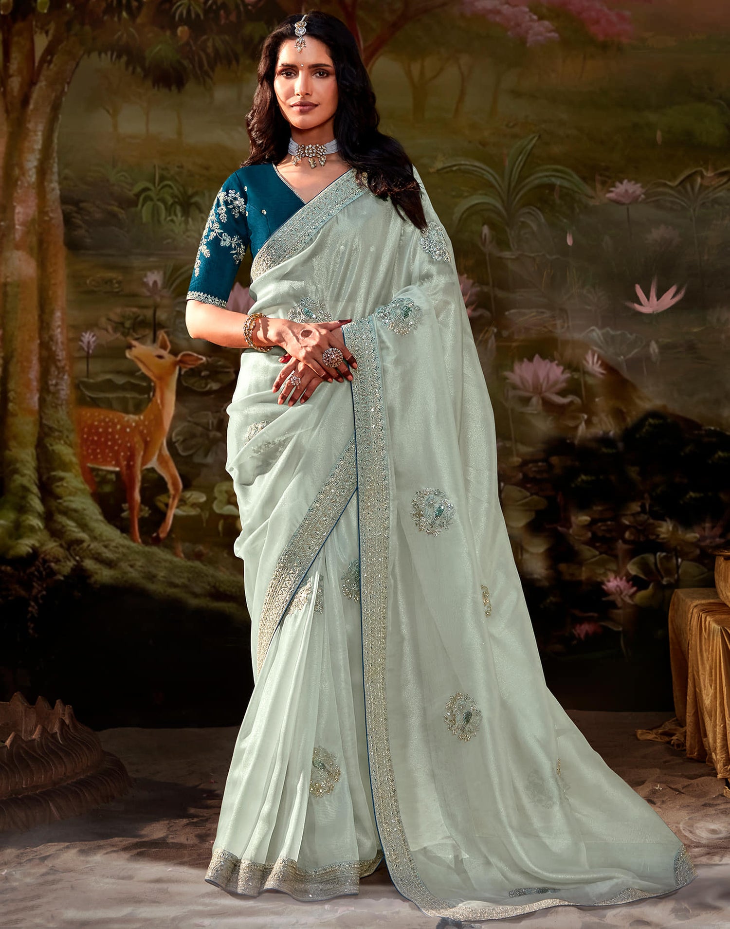 Light sage Green Silk Sequence Embroidery Saree