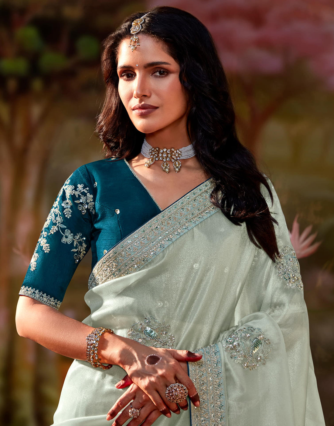 Light sage Green Silk Sequence Embroidery Saree