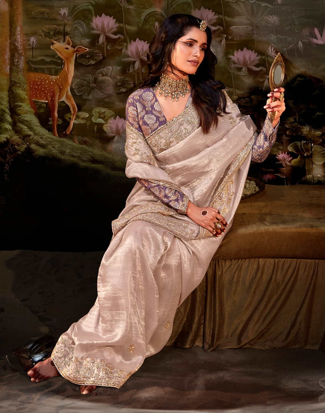 Dusty Mauve Silk Sequence Embroidery Saree