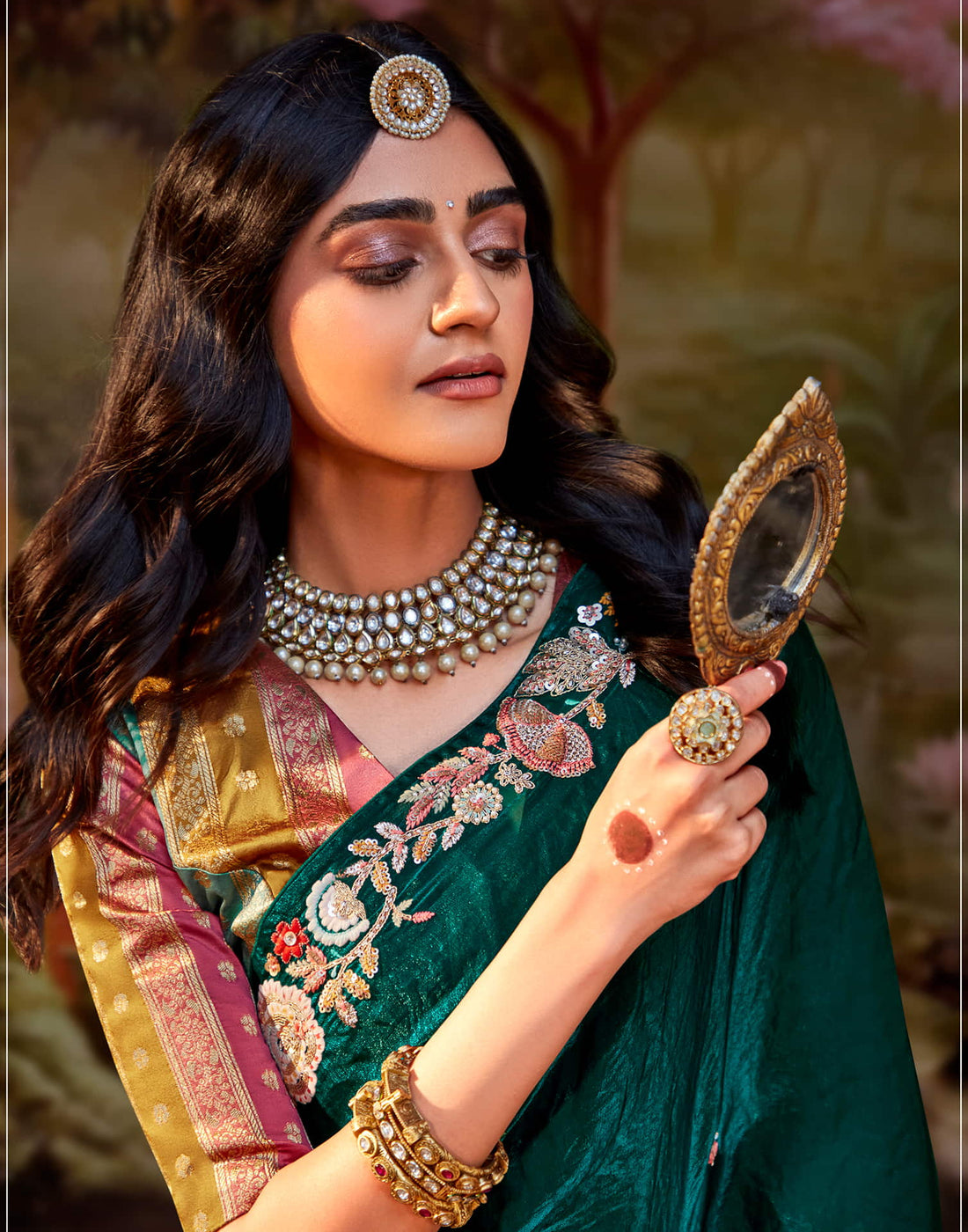 Rama Green Silk Sequence Embroidery Saree