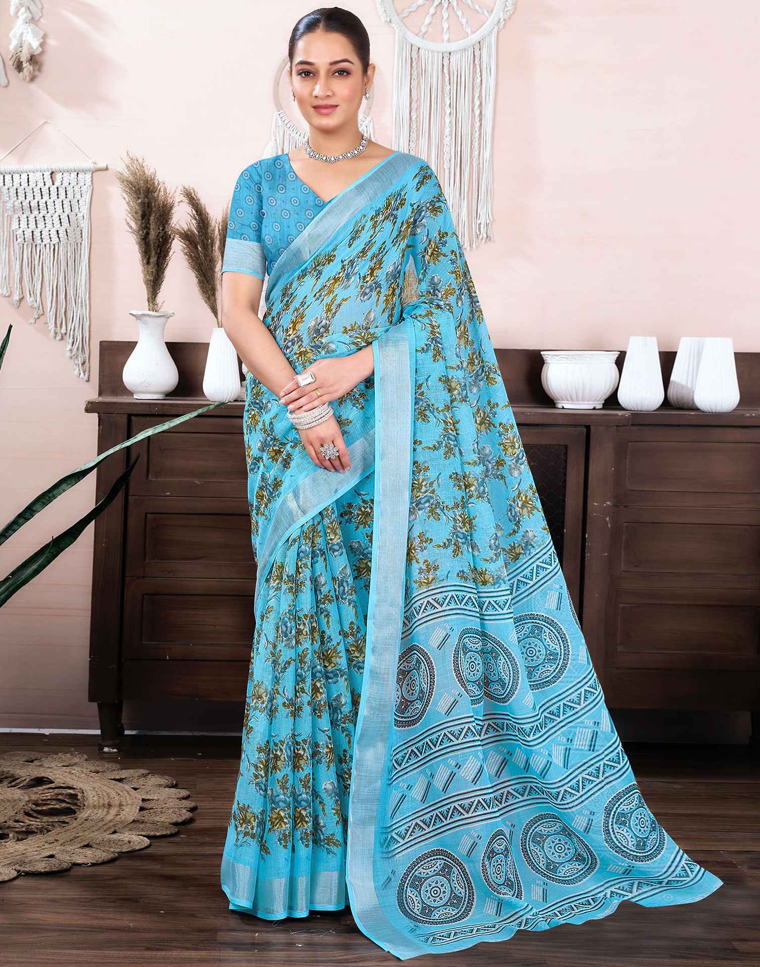 Light Blue Cotton Linen Floral Printed Saree