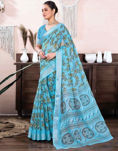 Light Blue Cotton Linen Floral Printed Saree