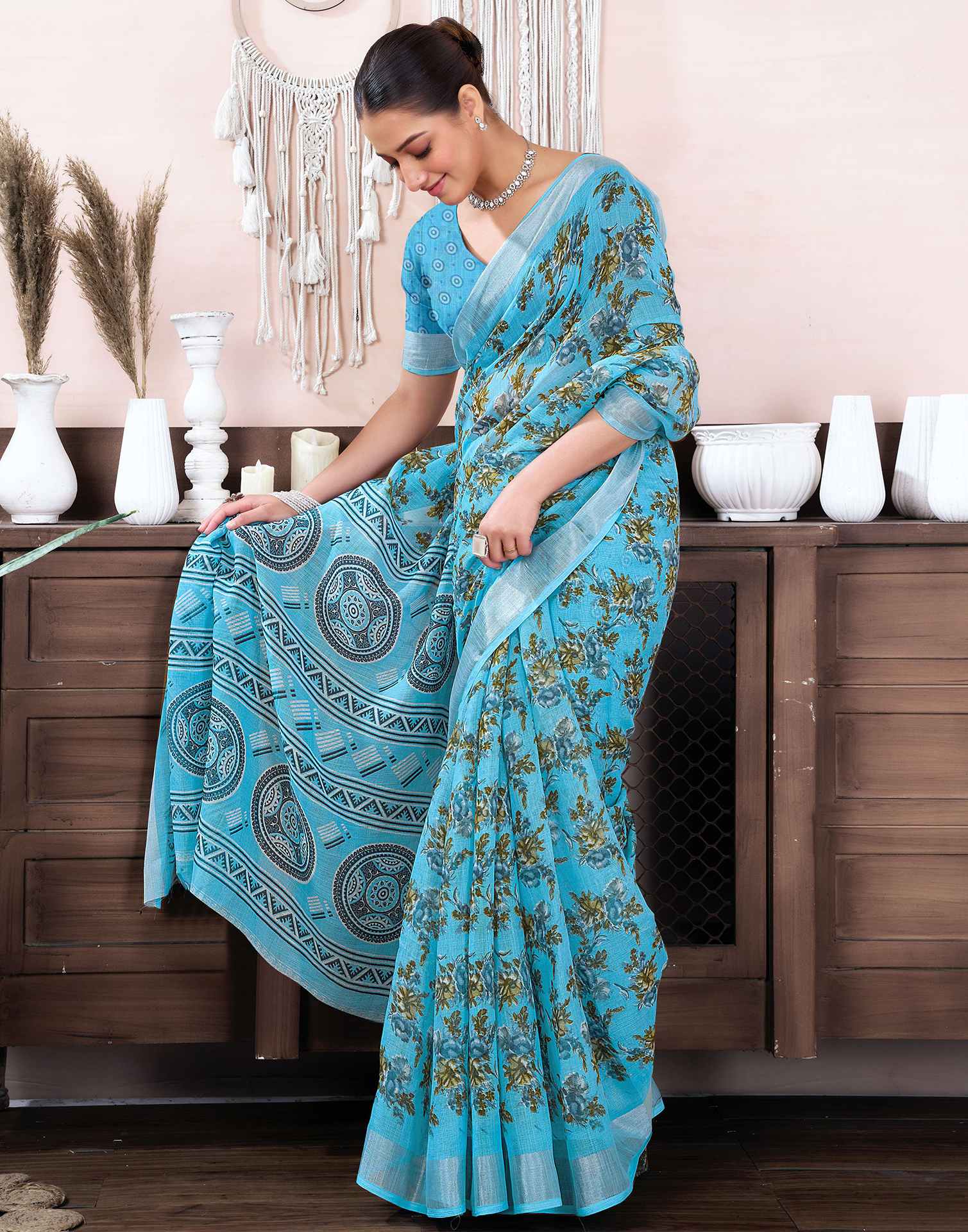 Light Blue Cotton Linen Floral Printed Saree