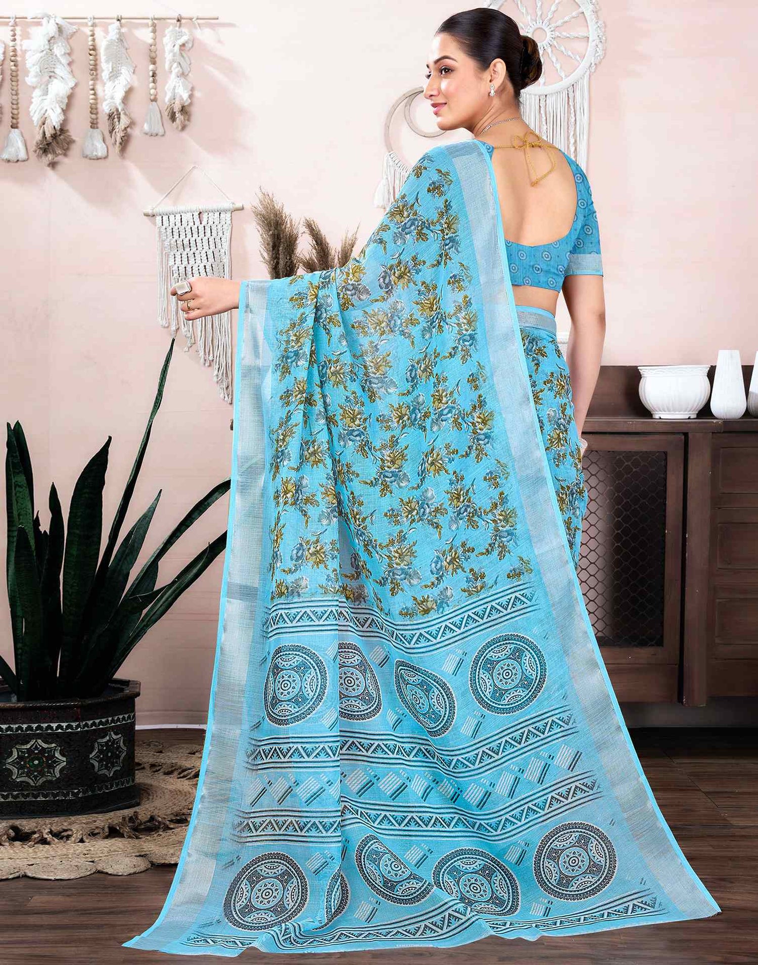 Light Blue Cotton Linen Floral Printed Saree