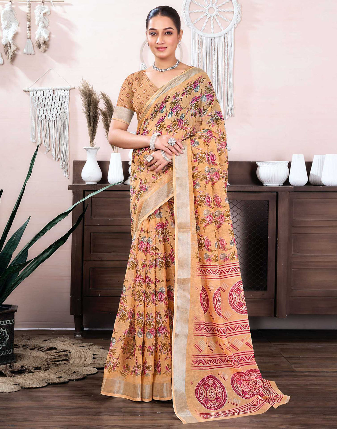 Peach Cotton Linen Floral Printed Saree