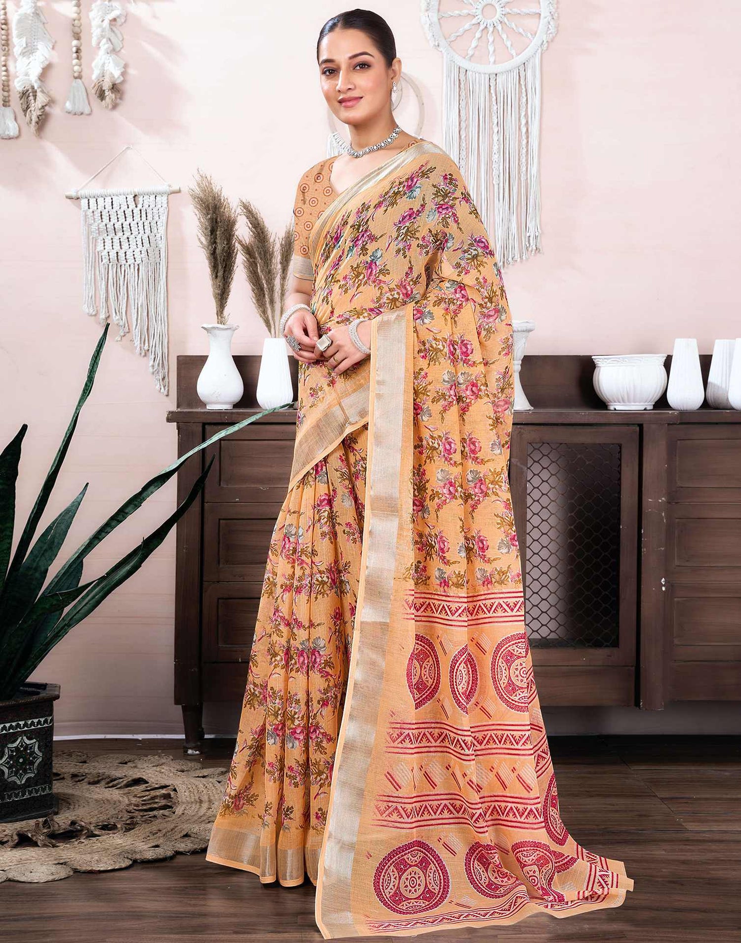 Peach Cotton Linen Floral Printed Saree