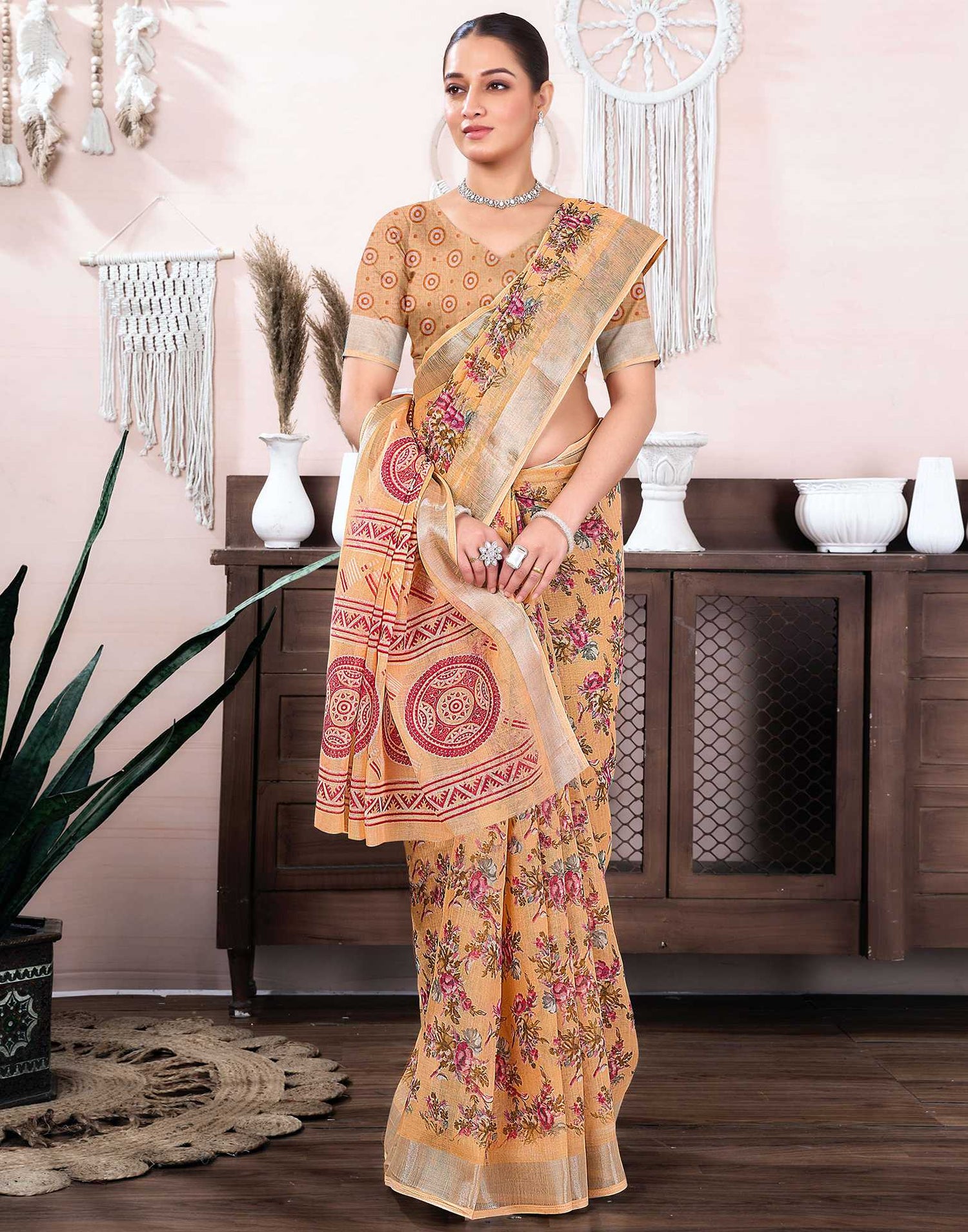 Peach Cotton Linen Floral Printed Saree