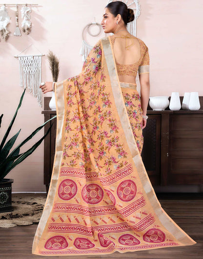 Peach Cotton Linen Floral Printed Saree