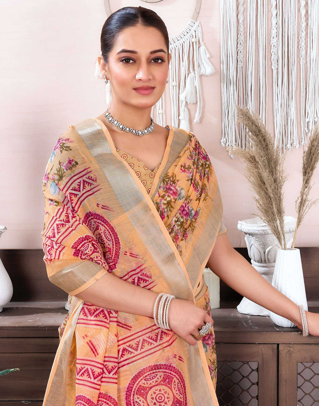 Peach Cotton Linen Floral Printed Saree