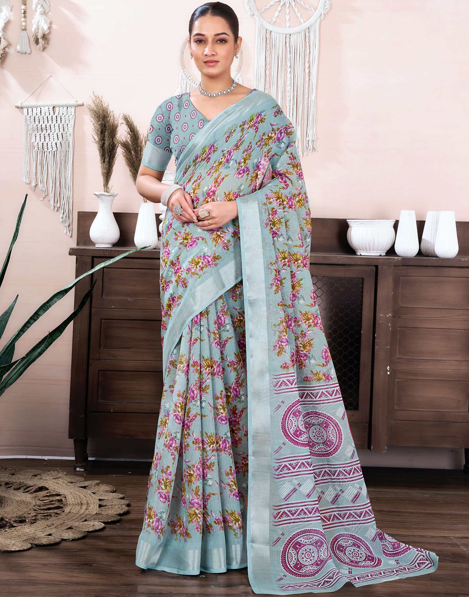 Grey Cotton Linen Floral Printed Saree