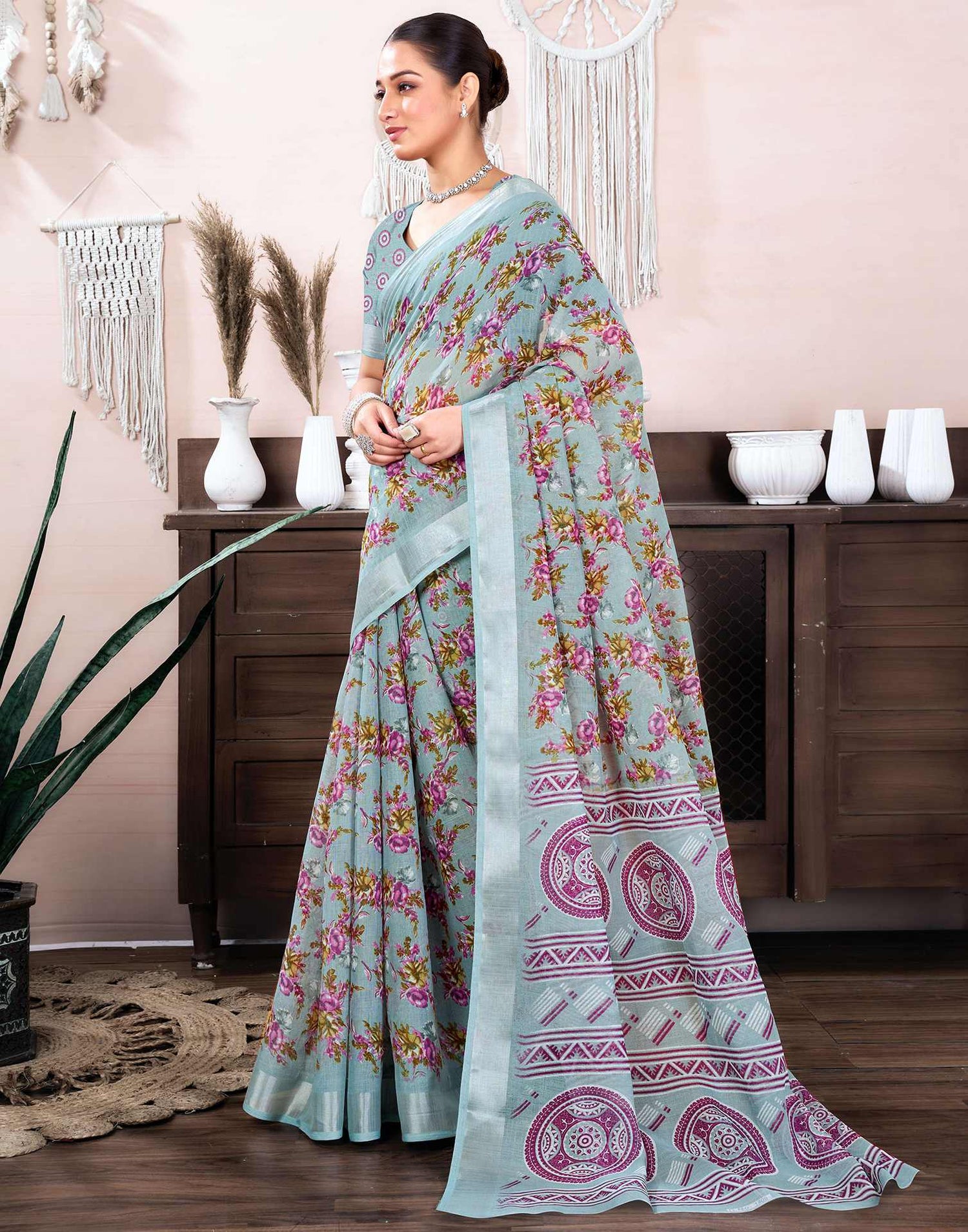 Grey Cotton Linen Floral Printed Saree