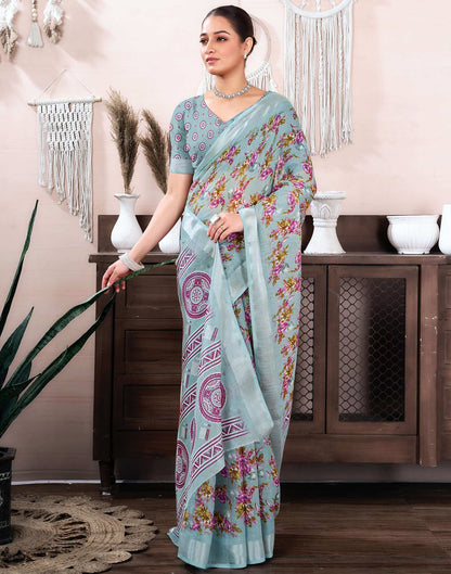 Grey Cotton Linen Floral Printed Saree