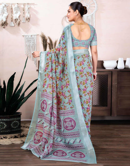 Grey Cotton Linen Floral Printed Saree