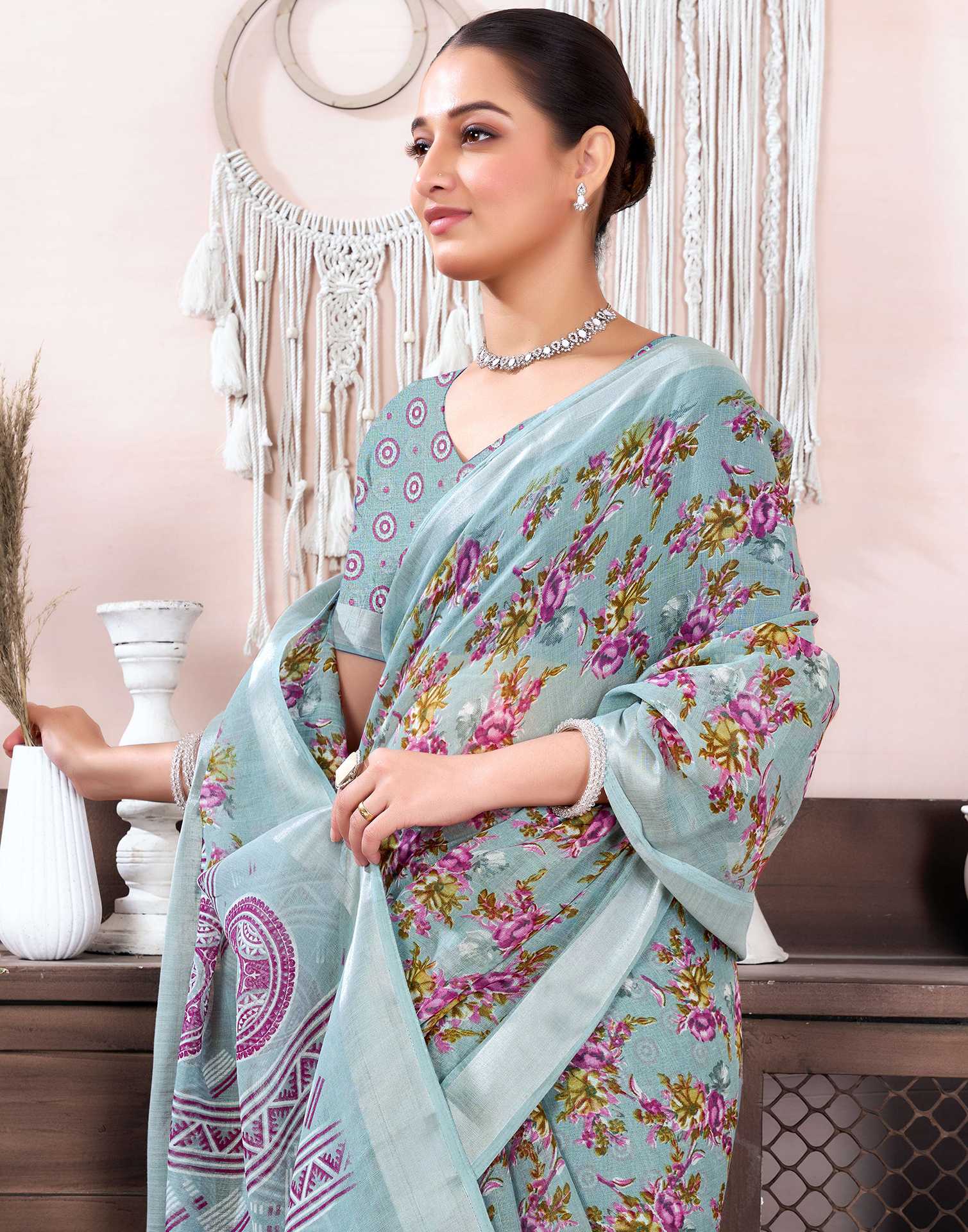 Grey Cotton Linen Floral Printed Saree