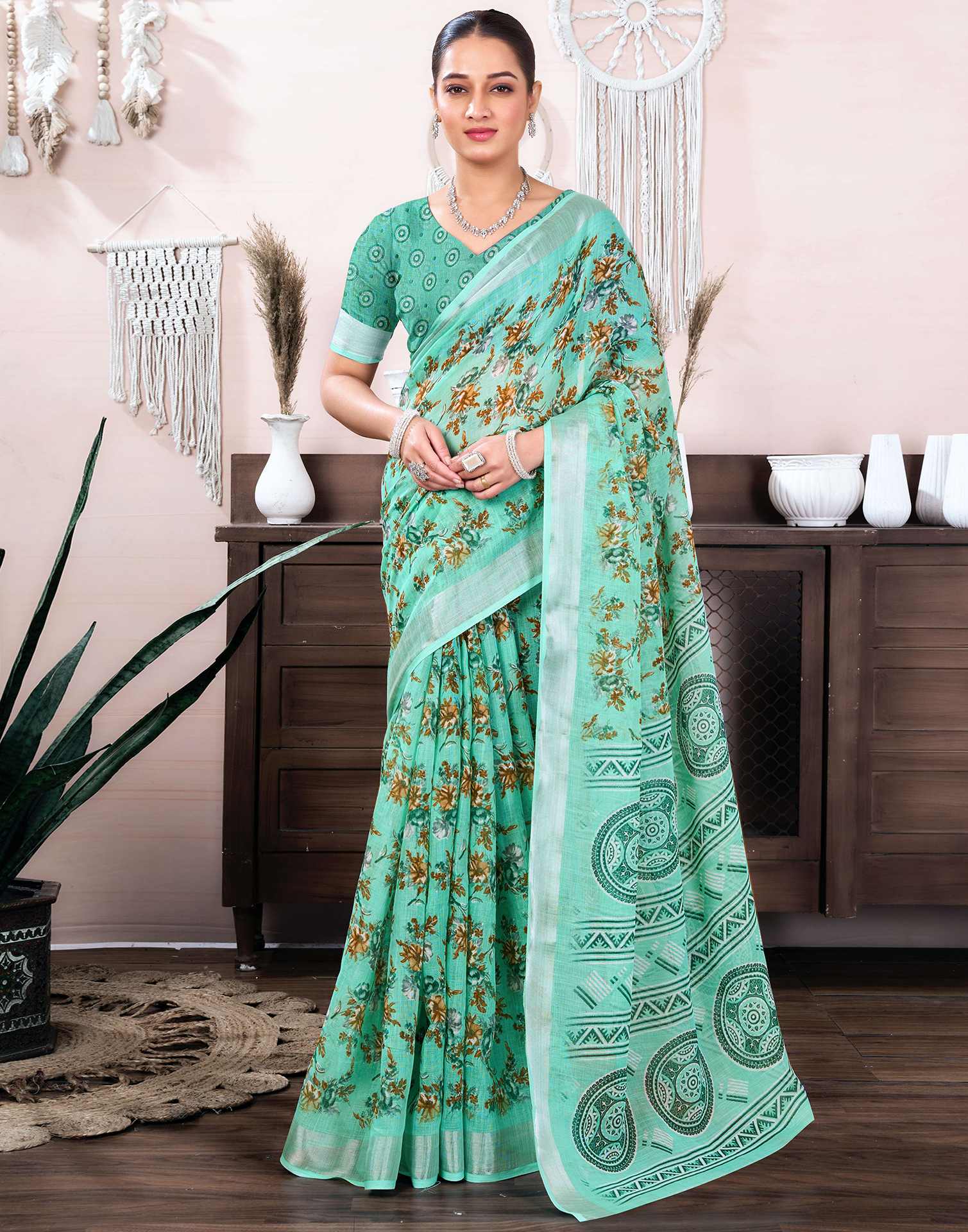 Turquoise Cotton Linen Floral Printed Saree