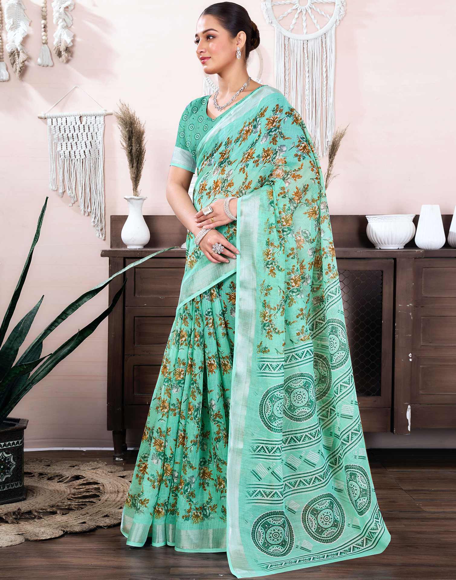 Turquoise Cotton Linen Floral Printed Saree