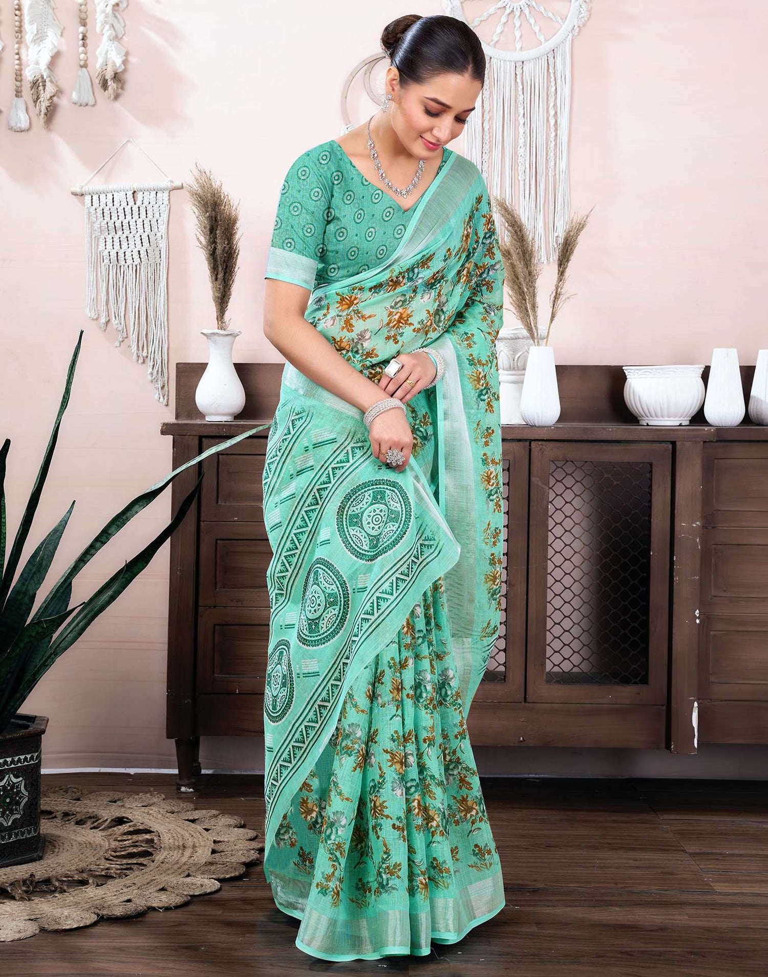 Turquoise Cotton Linen Floral Printed Saree