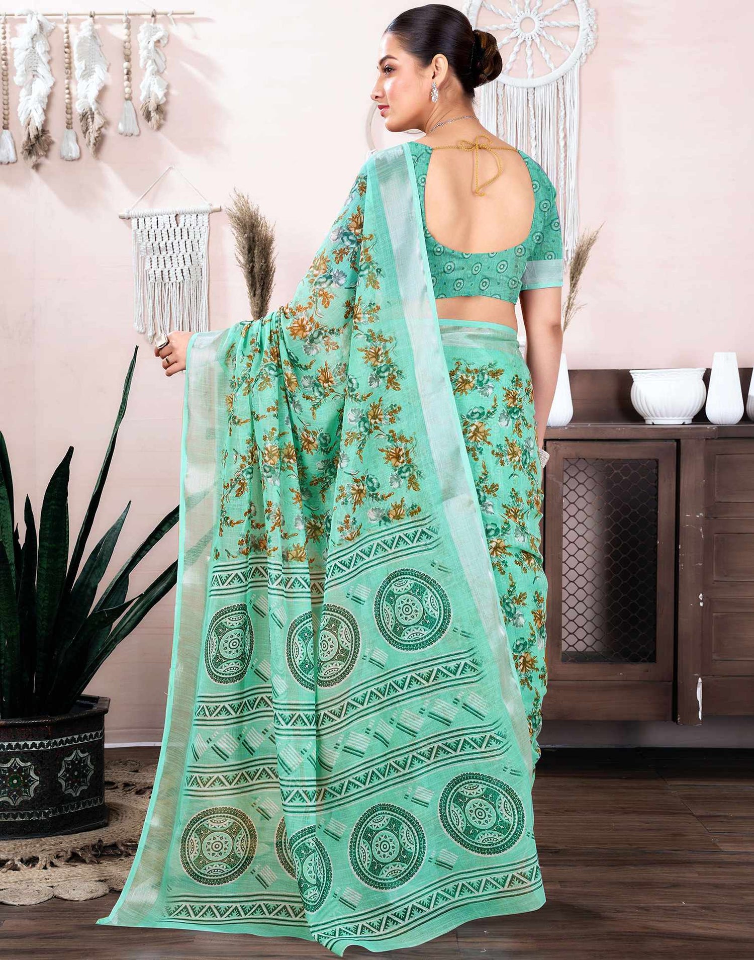 Turquoise Cotton Linen Floral Printed Saree