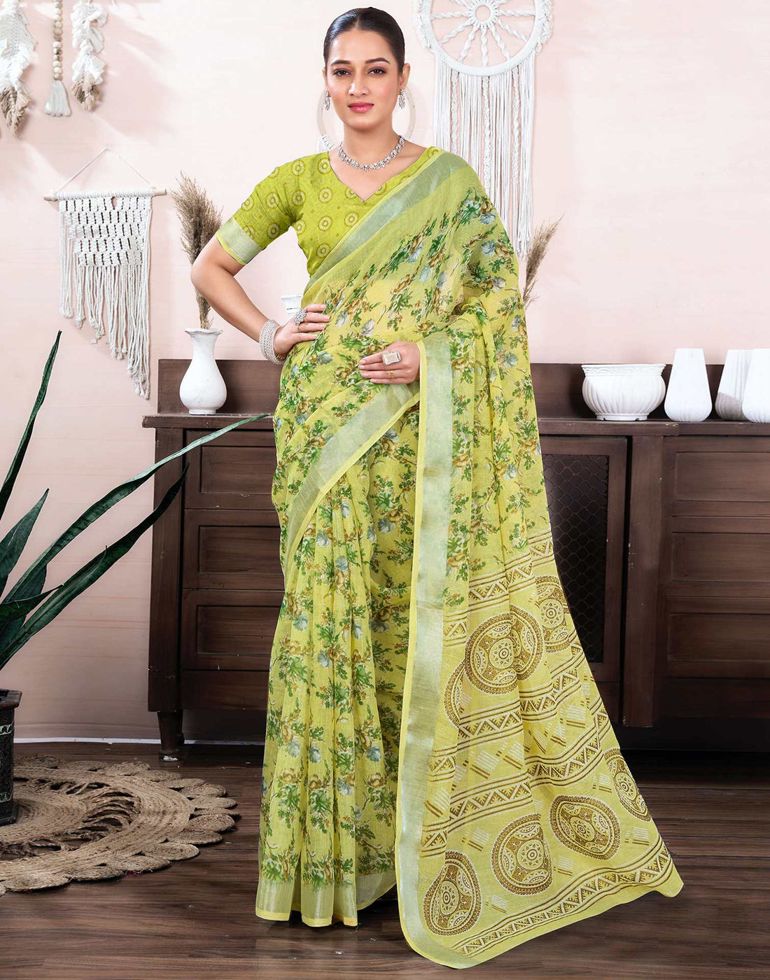 Pear Green Cotton Linen Floral Printed Saree